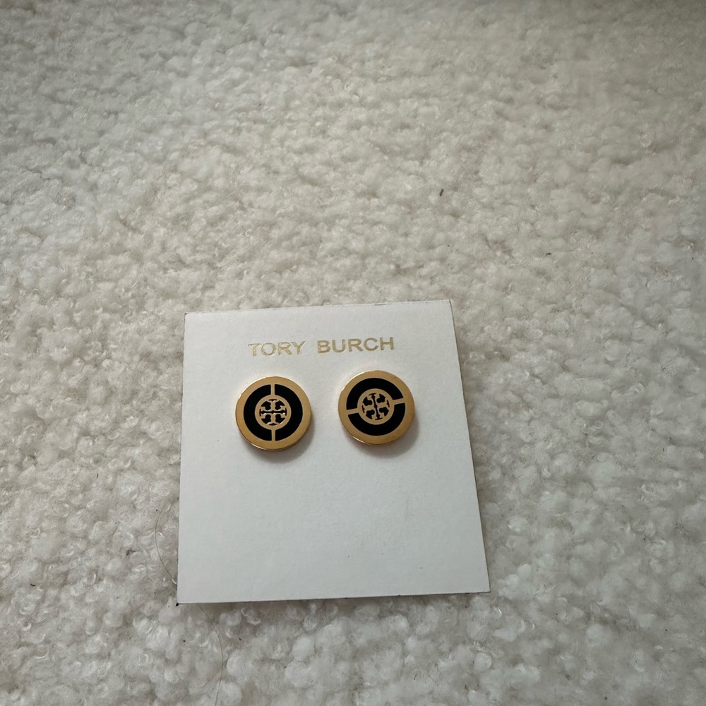 Tory Burch Gold and Black Enamel Stud Earrings